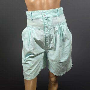 Vintage 80s Bermuda Shorts Size S High Waist Pleated Front Pastel Aqua New Wave